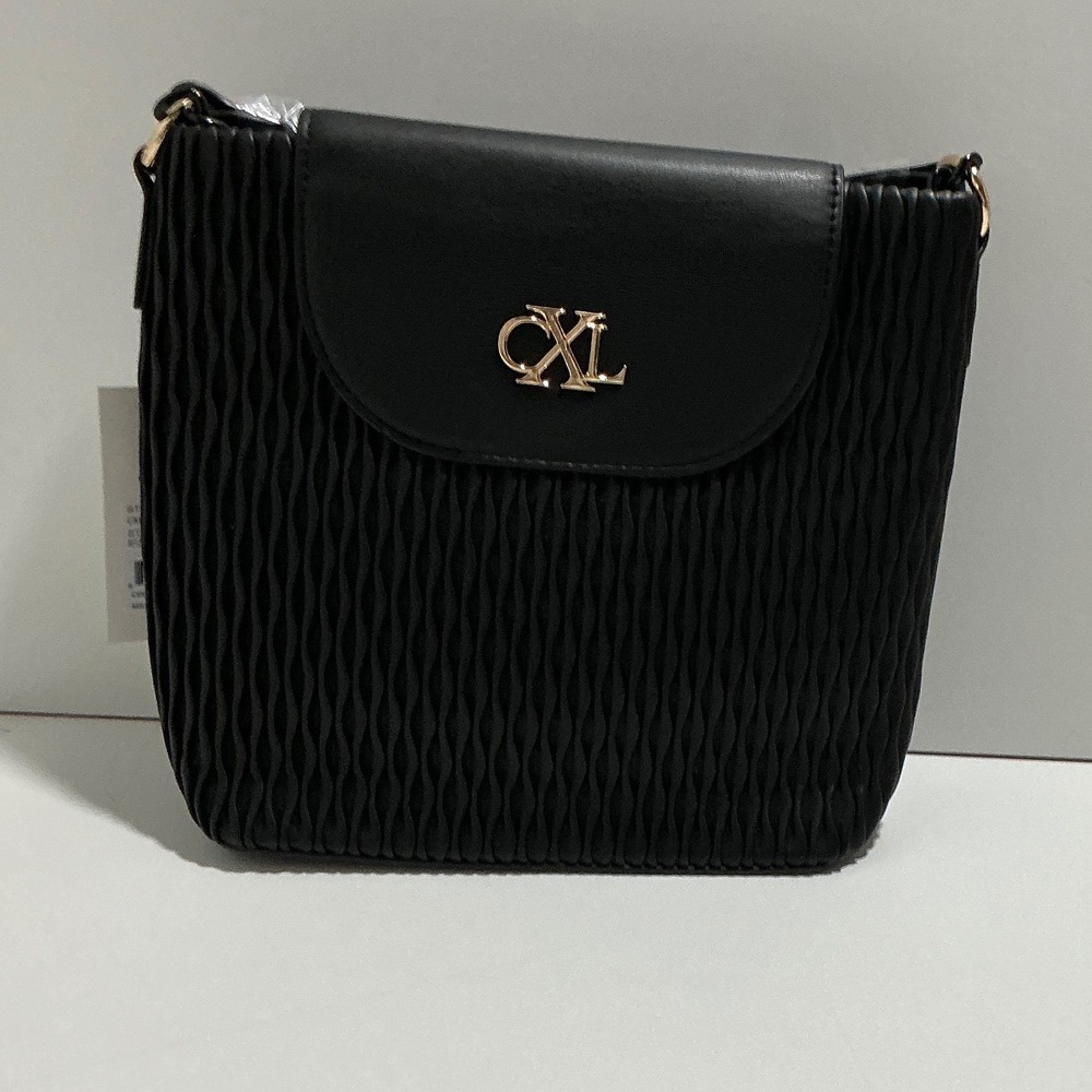 CXL by Christian Lacroix Black Pleated Crossbody Bag Gold Logo Flap Purse NEW